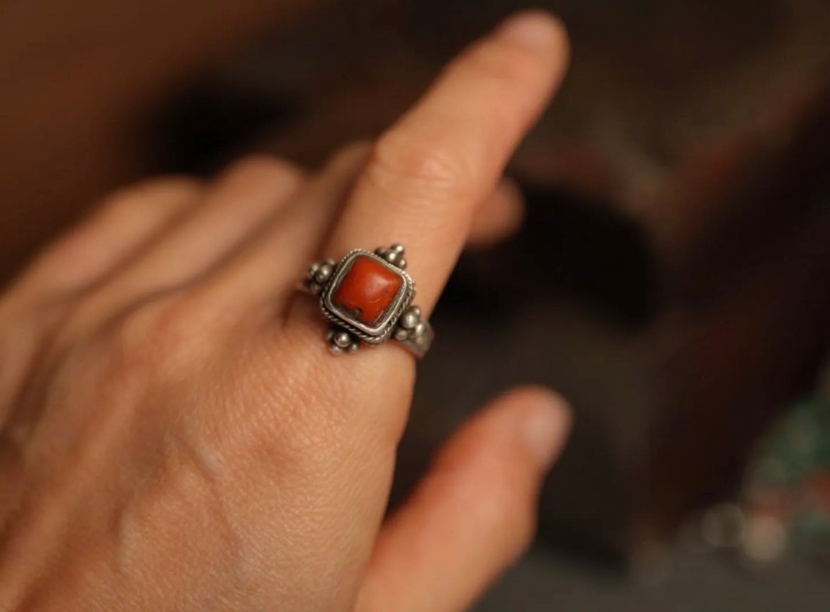 Sterling Silver Ring with Natural Old Coral | US Size 7, unique piece