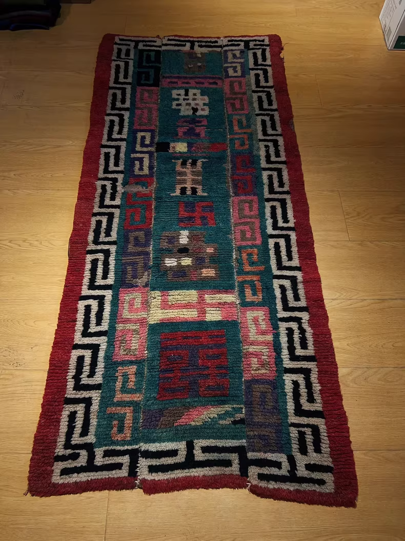 Vintage Tibetan Wool Handmade Tapestry | Traditional 卍 Pattern, unique piece